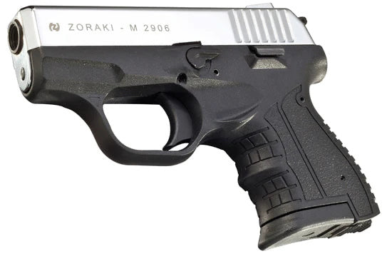 ZORAKI Mini Chrome 9mm Blank pepper pistol + 25 blanks + Suede
