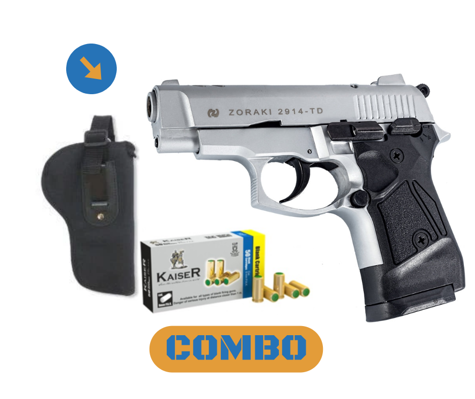 Zoraki model 2914 satin 9mm blank/pepper pistol + holster + 25