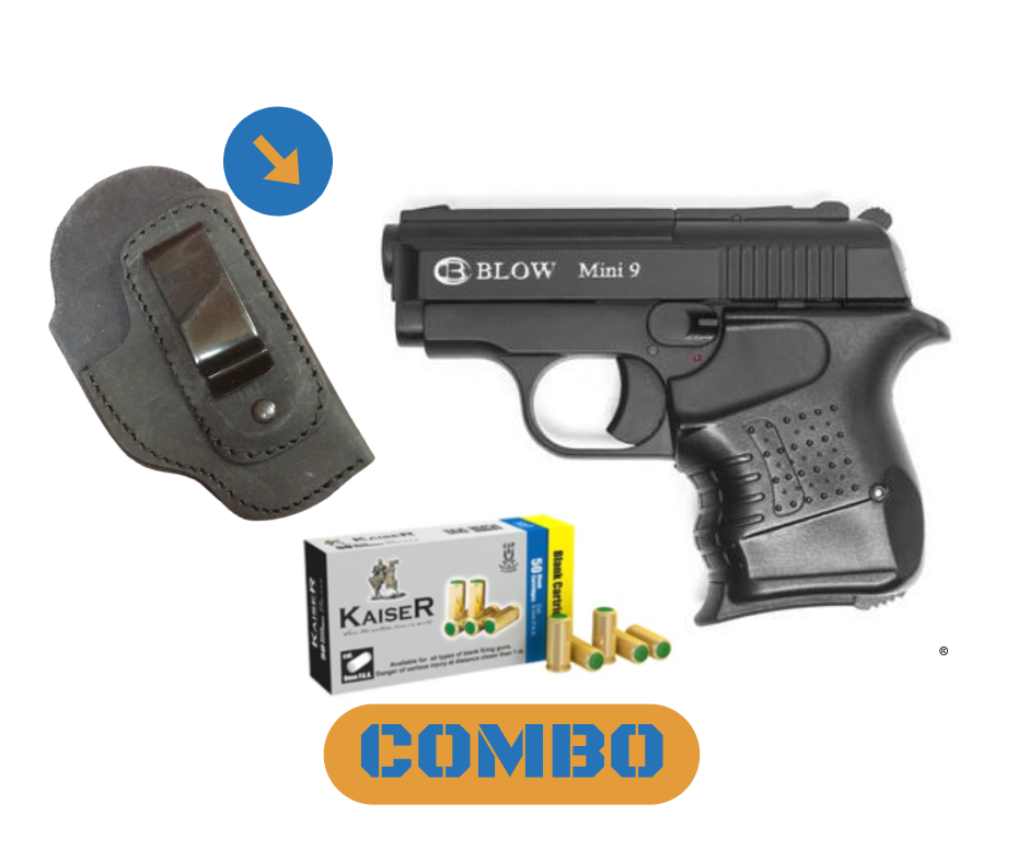 COMBO Blow Mini 9 Black 9mm Blank-pepper gun + 20 blanks & custom suede holster