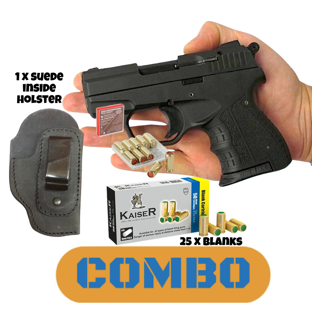ZORAKI Mini 9mm Blank pepper pistol + 25 blanks + Suede holster