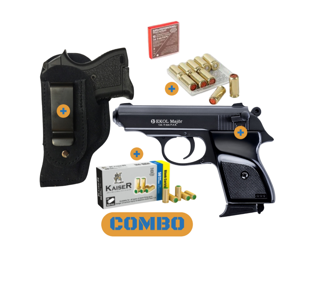 Combo Ekol major 9mm blank/pepper pistol + 25 blanks +5 pepper + holster