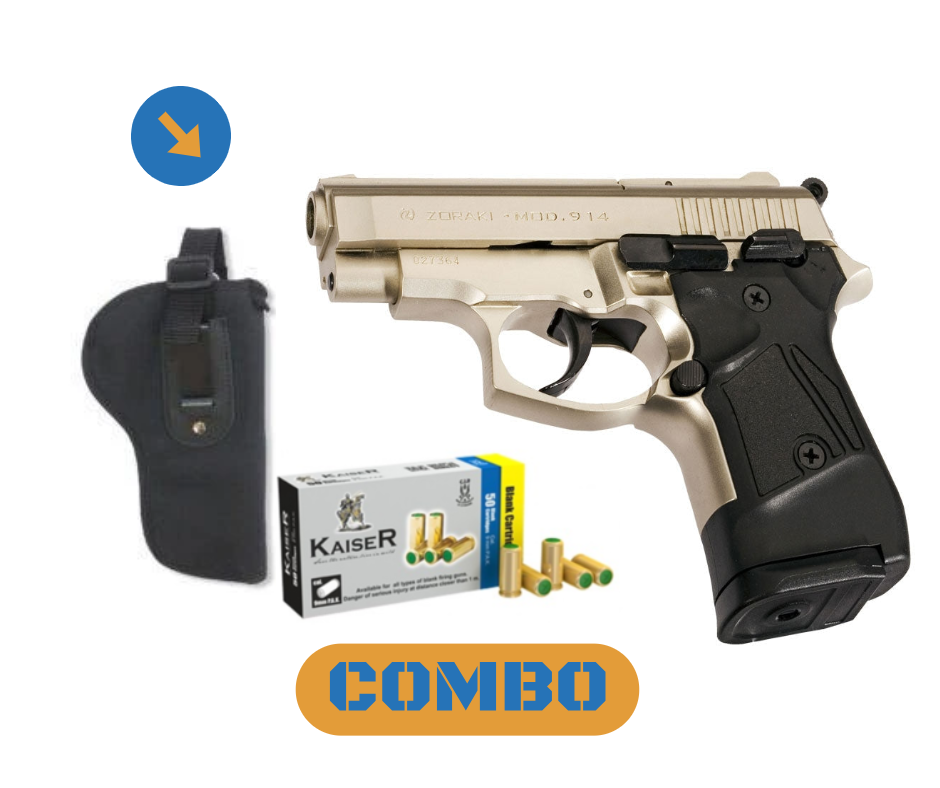 Zoraki model 914 satin 9mm blank/pepper pistol + holster + 25